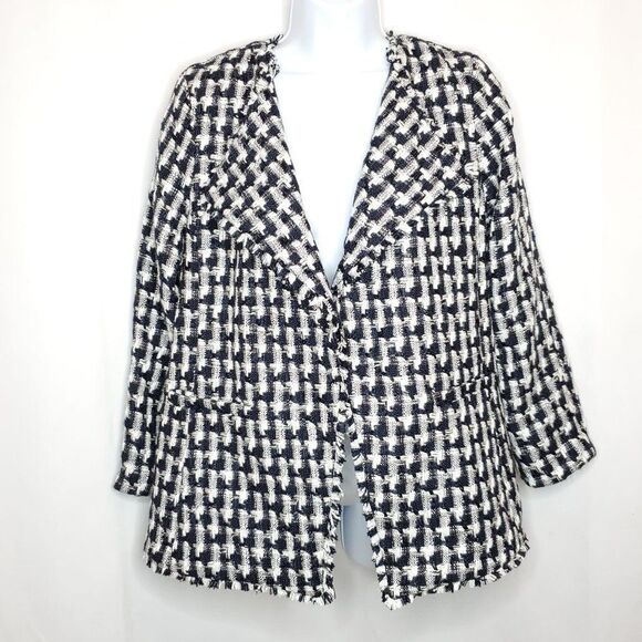 NEW Ann Taylor Boucle Tweed Jacket Blazer Sz S Navy Blue White Fringe $179 NWT - Picture 1 of 10
